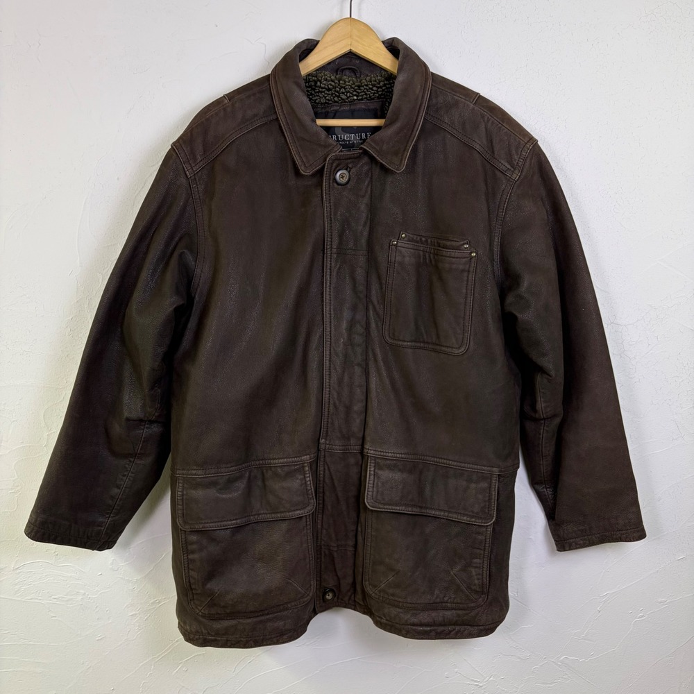 Vtg Structure Leather Jacket Mens Large Brown Sherpa Lined Corduroy Chore Coat